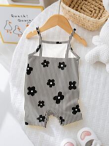 SHEIN LMoss Kids 女嬰休閒細肩帶連身褲，黑白條紋，夏季可愛花卉印花圖案上衣，家庭套裝 Y2K 萌系穿搭 - 彩色 - 查看 2