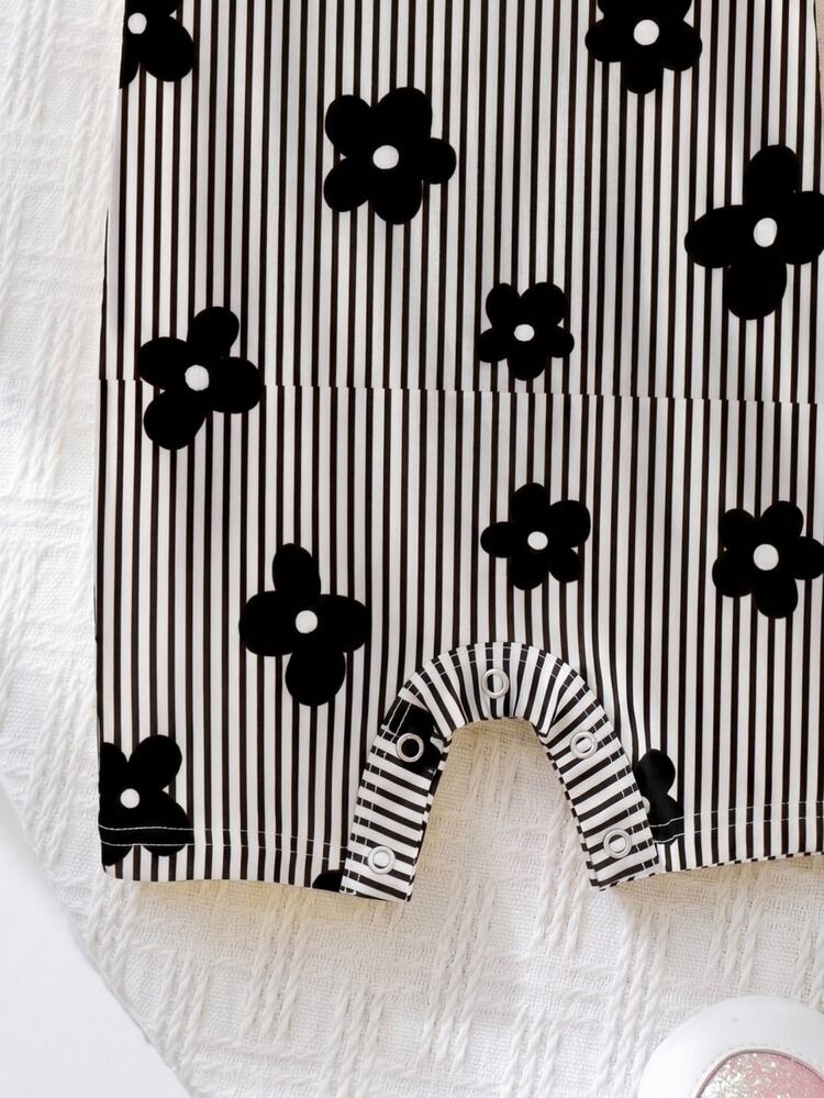SHEIN LMoss Kids 女嬰休閒細肩帶連身褲，黑白條紋，夏季可愛花卉印花圖案上衣，家庭套裝 Y2K 萌系穿搭 - 彩色 - 查看 3