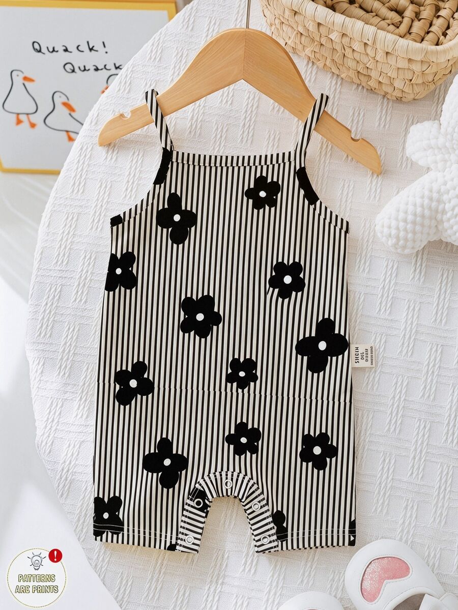 SHEIN LMoss Kids 女嬰休閒細肩帶連身褲,黑白條紋,夏季可愛花卉印花圖案上衣,家庭套裝 Y2K 萌系穿搭 - 彩色 - 查看 1