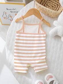 SHEIN 女嬰休閒簡約可愛 3D 紋理熊圖案、美拉德色條紋細肩帶連身短褲，適合春夏 - 彩色 - 查看 2