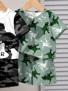 SHEIN 男嬰休閒恐龍圖案印花T恤短褲套裝，適合春夏穿著 - 彩色 - 查看 3