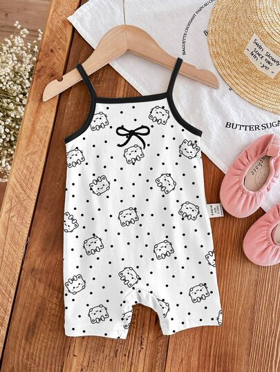 [RANDOM 8 PCS SEND 1 Pc] Baby Girls Cute White Summer Casual Strap Romper,Leopard Bow Graphic,Kitten,Ice Cream,Korean Style,Kawaii,Family Matching