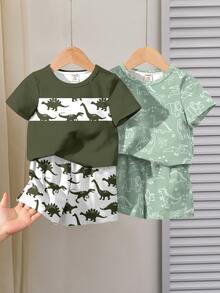 男嬰休閒可愛簡約 T-shirt 套裝，適合春夏，經典復古恐龍海灘風，白色 - 彩色 - 查看 1