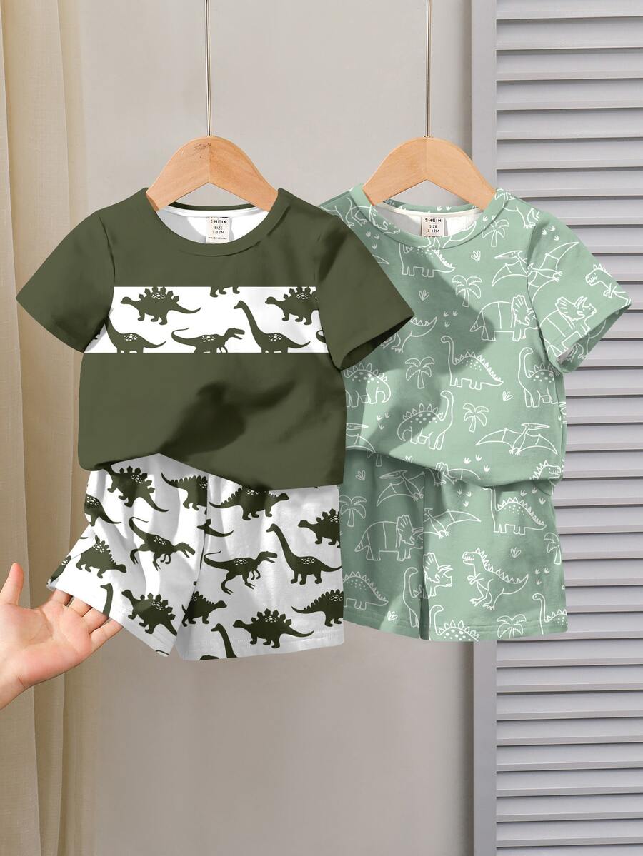 男嬰休閒可愛簡約 T-shirt 套裝，適合春夏，經典復古恐龍海灘風，白色 - 彩色 - 查看 1