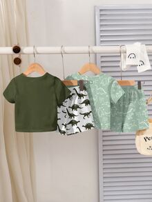 男嬰休閒可愛簡約 T-shirt 套裝，適合春夏，經典復古恐龍海灘風，白色 - 彩色 - 查看 2