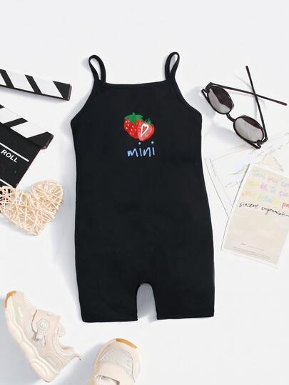 SHEIN LMoss Kids 女嬰休閒細肩帶連身褲，黑白條紋迷你碎花塗鴉 Y2K 甜美可愛夏季套裝，親子搭配