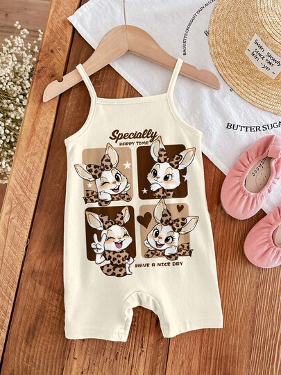 Caqui & Marrón Maillard, Lindo Mono Vintage con Estampado de Leopardo, Lazo y Conejo de Dibujos Animados, Mono Casual con Tirantes para Bebé Niña Adecuado para Primavera/Verano
