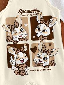 Khaki & Maillard Brown, Cute Vintage Leopard Print Bow Cartoon Rabbit, Baby Girl Casual Suspender Romper Suitable For Spring/Summer - Multicolor - View 3