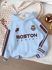 Muchica Hoodie dengan Motif Garis dan Huruf serta Desain Bahu Longgar - MultiWarna - View 6