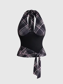 Mean Girls | ROMWE Tank Top Halter Tanpa Punggung Ukuran Plus Motif Kotak-kotak Patchwork - Hitam - View 5