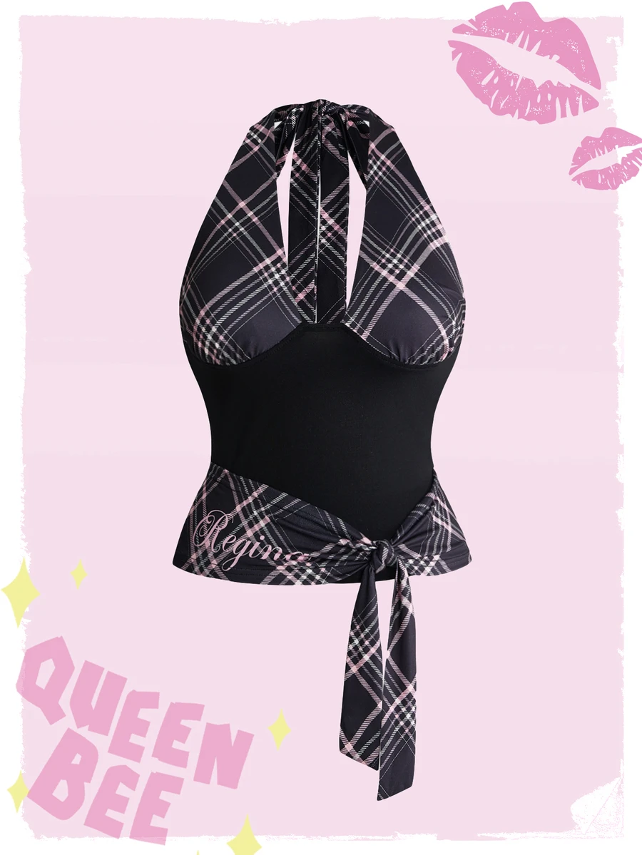 Mean Girls | ROMWE Tank Top Halter Tanpa Punggung Ukuran Plus Motif Kotak-kotak Patchwork - Hitam - View 1
