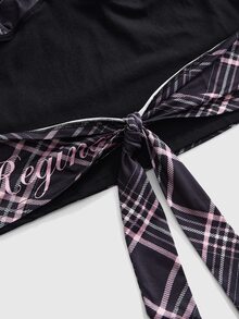 Mean Girls | ROMWE Tank Top Halter Tanpa Punggung Ukuran Plus Motif Kotak-kotak Patchwork - Hitam - View 3