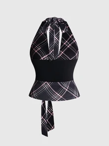 Mean Girls | ROMWE Tank Top Halter Tanpa Punggung Ukuran Plus Motif Kotak-kotak Patchwork - Hitam - View 2