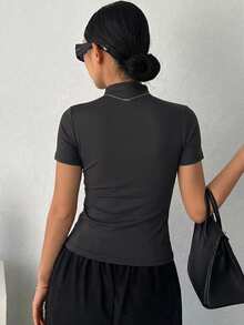 DAZY Women's Solid Color High Neck Ruched Fitted Casual Short Sleeve T-Shirt - Grey - View 2