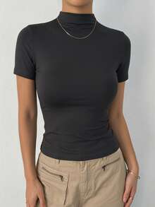 DAZY Women's Solid Color High Neck Ruched Fitted Casual Short Sleeve T-Shirt - Grey - View 4