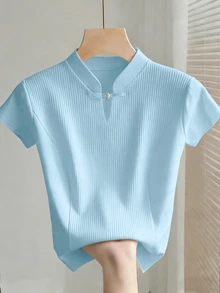 Franclia Women's Light Blue Summer Elegant Cheongsam Collar Short Sleeve Ribbed Knit Top,Urban Commuter Style Casual Vacation Holiday T-Shirt Blouse - Baby Blue - View 3