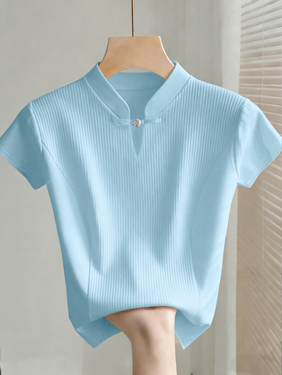 Franclia Women's Light Blue Summer Elegant Cheongsam Collar Short Sleeve Ribbed Knit Top,Urban Commuter Style Casual Vacation Holiday T-Shirt Blouse