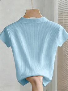 Franclia Women's Light Blue Summer Elegant Cheongsam Collar Short Sleeve Ribbed Knit Top,Urban Commuter Style Casual Vacation Holiday T-Shirt Blouse - Baby Blue - View 2