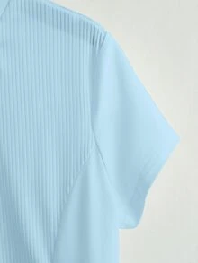 Franclia Women's Light Blue Summer Elegant Cheongsam Collar Short Sleeve Ribbed Knit Top,Urban Commuter Style Casual Vacation Holiday T-Shirt Blouse - Baby Blue - View 5