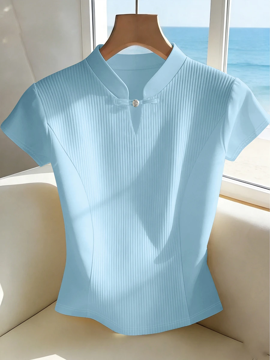 Franclia Women's Light Blue Summer Elegant Cheongsam Collar Short Sleeve Ribbed Knit Top,Urban Commuter Style Casual Vacation Holiday T-Shirt Blouse - Baby Blue - View 1