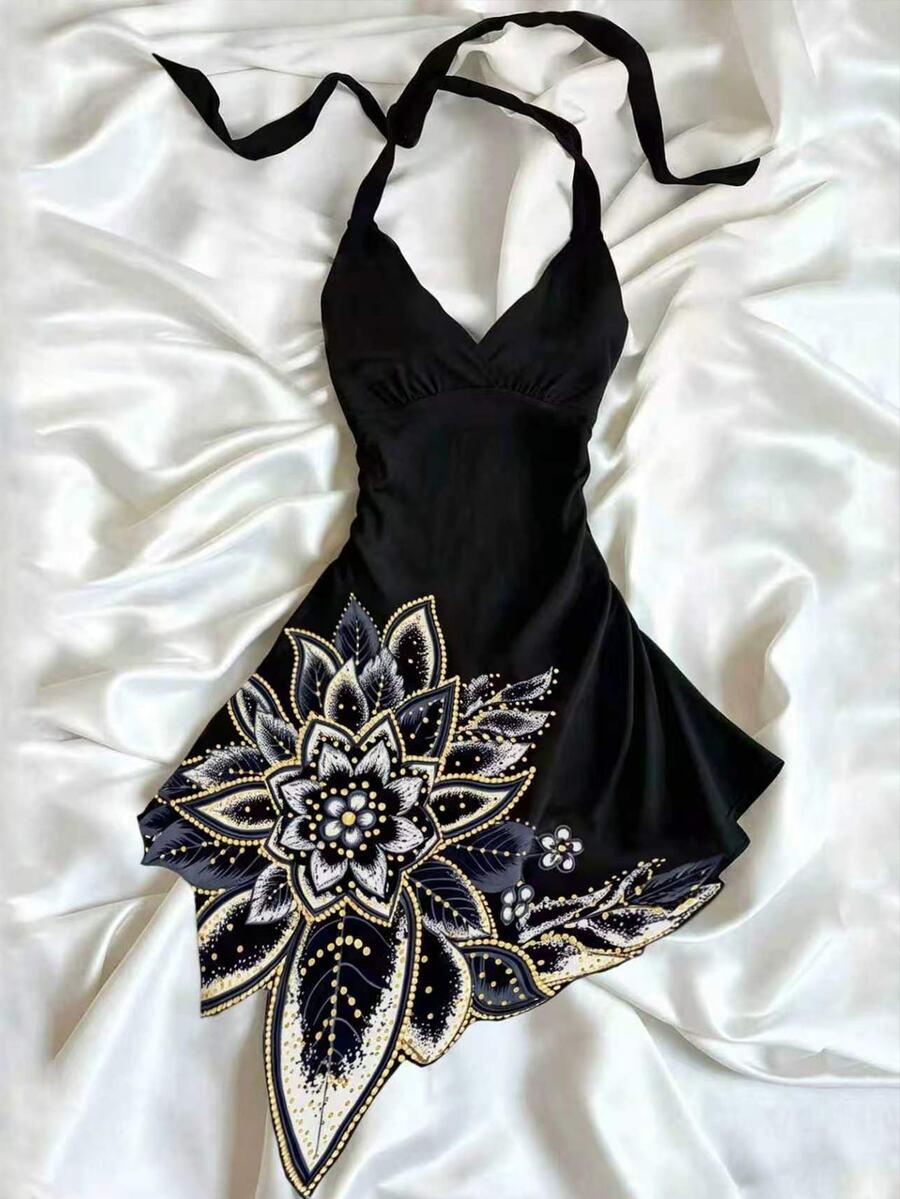 INAWLY Women's Floral Print Halter Tie Casual Date Party Dress - Multicolor - View 1