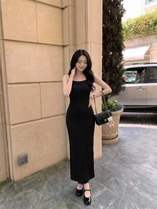 Skyraze Backless Bodycon Spaghetti Strap Dress - Black - View 1