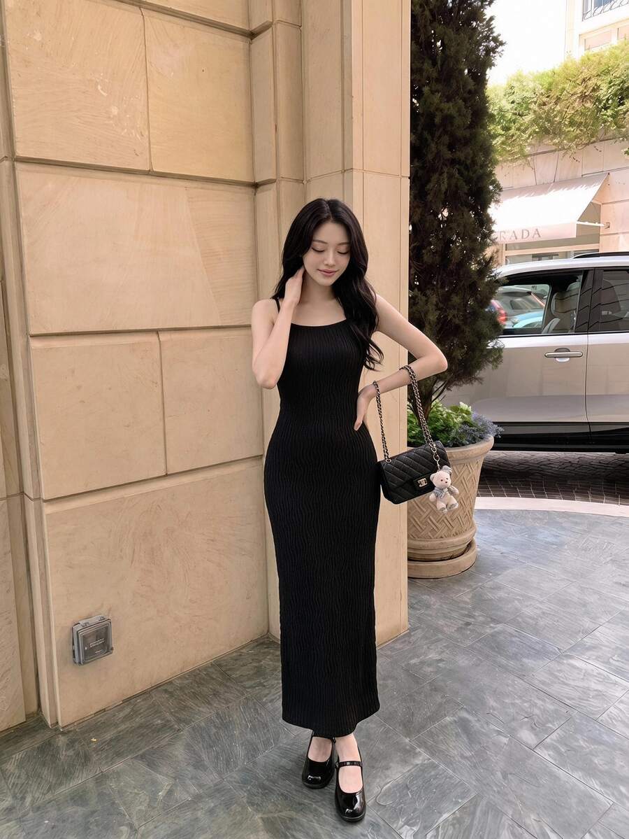 Skyraze Backless Bodycon Spaghetti Strap Dress - Black - View 1