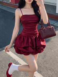 SHEIN MOD Women's Burgundy Fitted Ruched Bubble Hem Organza Mini Dress,Valentine Day - Burgundy - View 1