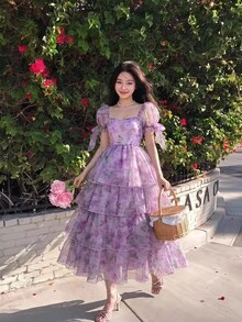 Skyraze Women's Floral Print Heart Neck Mesh Patchwork Short Sleeve Dress,Dresses For Women Summer - Mauve Purple - View 1