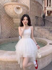 SHEIN MOD High Low Hem Mesh Overlay Skirt - White - View 1