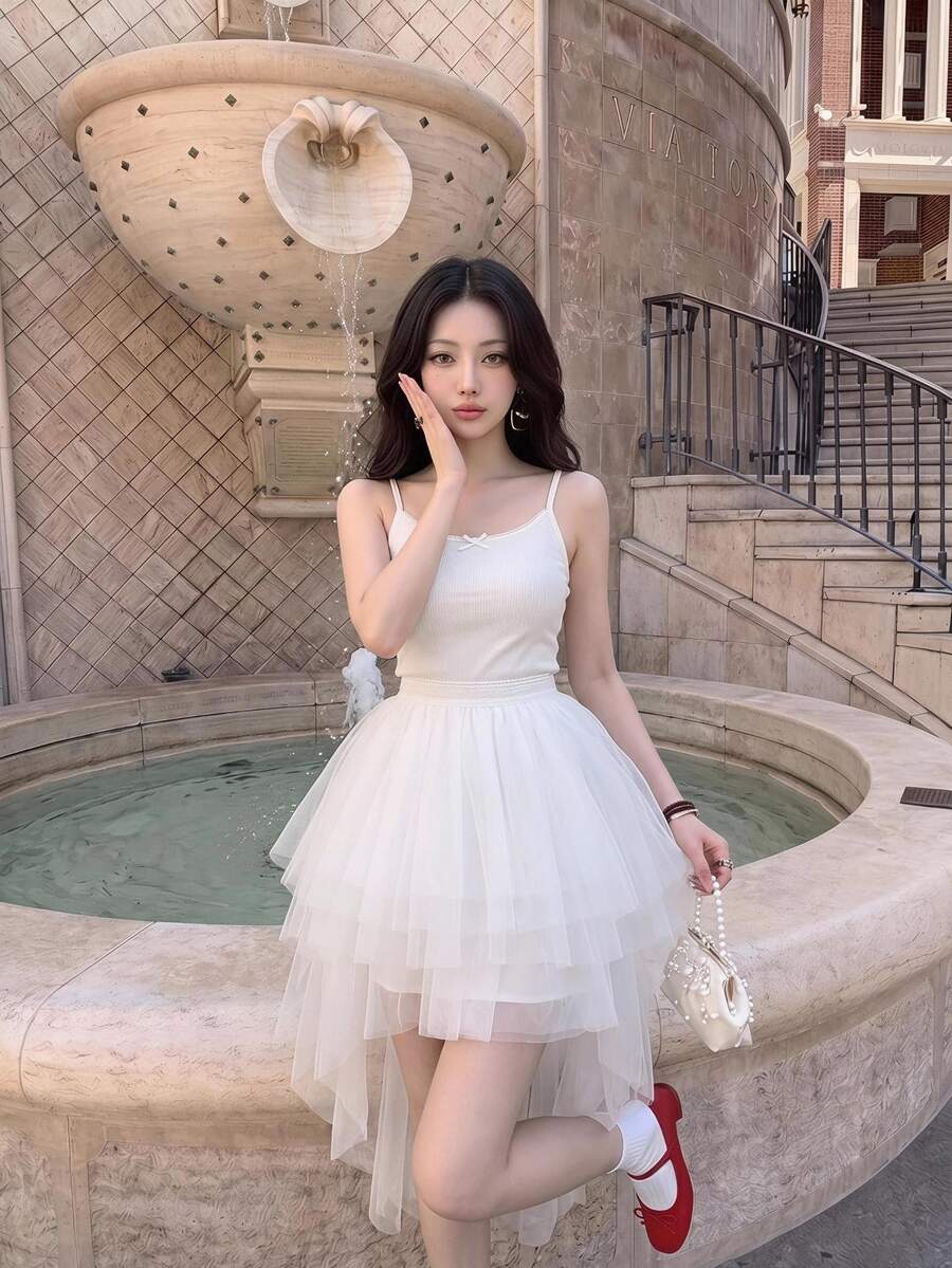 SHEIN MOD High Low Hem Mesh Overlay Skirt - White - View 1