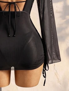 SHEIN Swim 薄透比基尼套裝珍珠裝飾吊脖三角形文胸和V字串下裝和罩衫洋裝3入組泳衣 - 黑色 - 查看 7