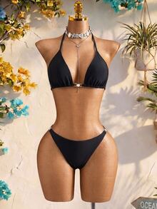 SHEIN Swim 薄透比基尼套裝珍珠裝飾吊脖三角形文胸和V字串下裝和罩衫洋裝3入組泳衣 - 黑色 - 查看 6