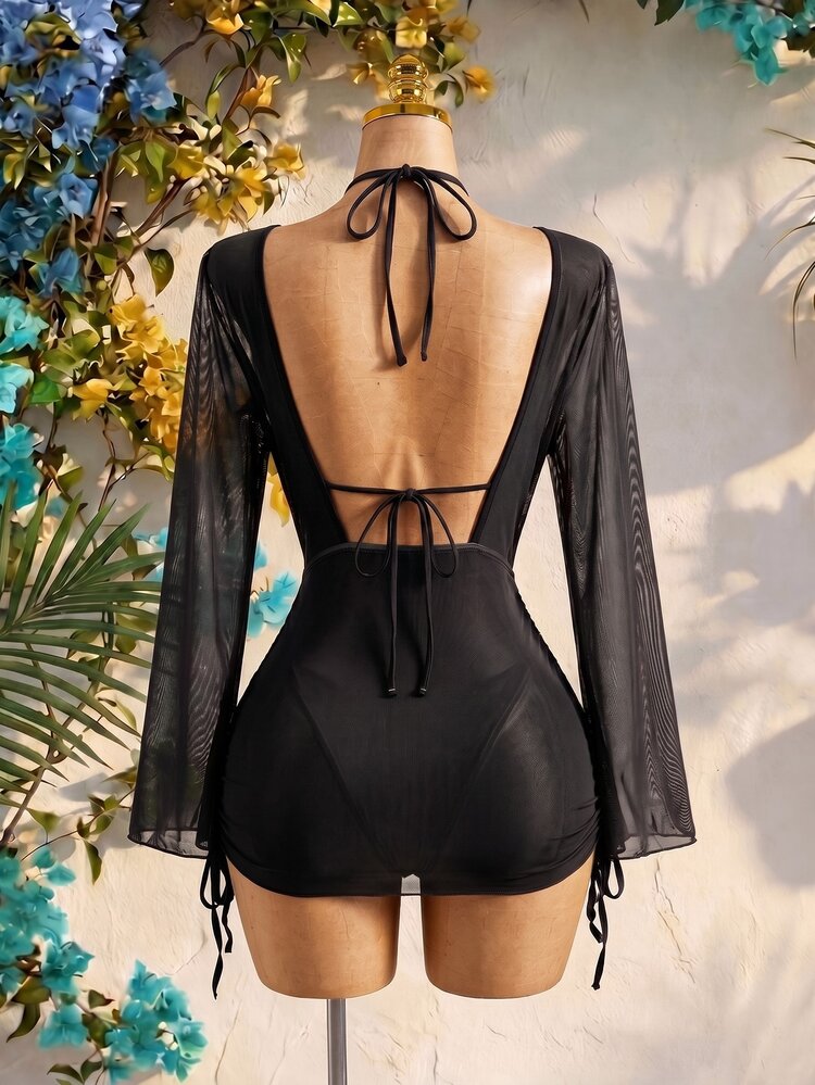 SHEIN Swim Summer Beach Sheer Bikini Set Pearl Decor Halter Triangle Bra & V-String Bottom & Cover Up Dress 3 Piece Bathing Suit - Black - View 3