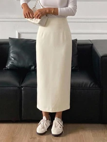 DAZY Women's Solid Color Casual Straight Split Hem Skirt - White - View 7