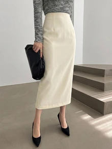 DAZY Women's Solid Color Casual Straight Split Hem Skirt - White - View 3