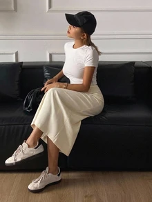 DAZY Women's Solid Color Casual Straight Split Hem Skirt - White - View 8