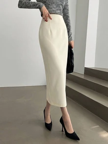 DAZY Women's Solid Color Casual Straight Split Hem Skirt - White - View 1