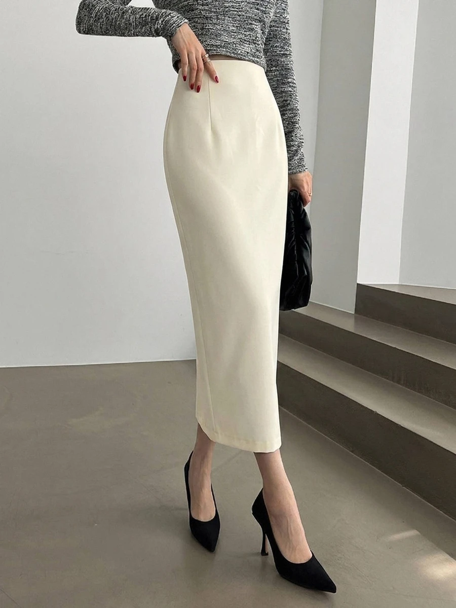 DAZY Women's Solid Color Casual Straight Split Hem Skirt - White - View 1