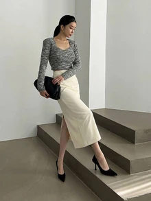 DAZY Women's Solid Color Casual Straight Split Hem Skirt - White - View 5