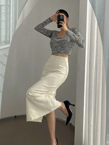 DAZY Women's Solid Color Casual Straight Split Hem Skirt - White - View 6