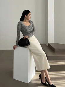 DAZY Women's Solid Color Casual Straight Split Hem Skirt - White - View 4