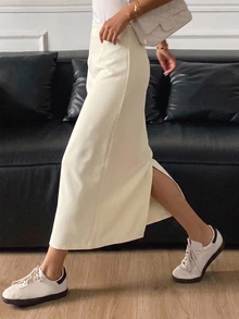 DAZY Women's Solid Color Casual Straight Split Hem Skirt - White - View 2