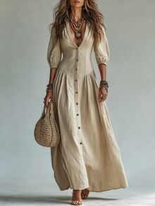 Glimmora Women's Fashion Solid Color Deep V-Neck Single-Breasted 3/4 Sleeve Long Dress - Apricot - View 3