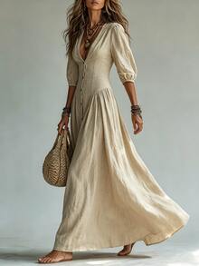 Glimmora Women's Fashion Solid Color Deep V-Neck Single-Breasted 3/4 Sleeve Long Dress - Apricot - View 4