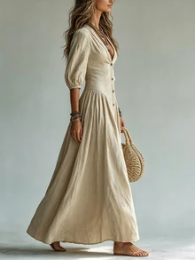 Glimmora Women's Fashion Solid Color Deep V-Neck Single-Breasted 3/4 Sleeve Long Dress - Apricot - View 5