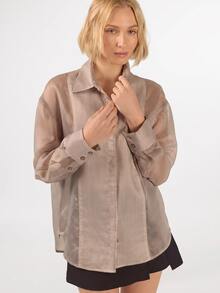 KÆRIA Hus 透視對比門襟條紋襯衫 - 棕色/白色條紋人造絲 - 辦公室、高級基本款、現代風 - 彩色 - 查看 1