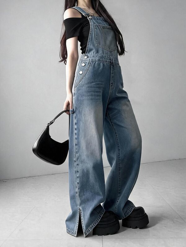FRIFUL Women's Loose Wide Leg Casual Denim Overalls With Pockets