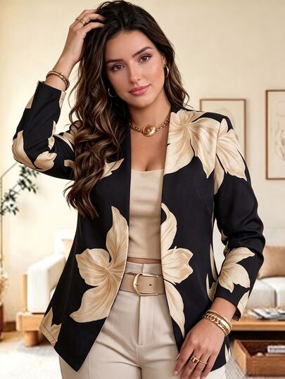 Elenzga Plus Size Women's Commuter Business Casual Versatile Floral Print Blazer