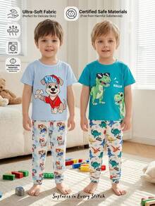 SHEIN 4pcs Young Boy Casual Shark Print Snug Fit Comfortable Round Neck Short Sleeve Pants Pajamas Set, Suitable For Summer Home Wear - Multicolor - View 3